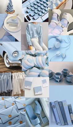 a collage of blue and white items