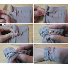 four pictures showing how to tie the ends of a pair of gloves with yarn and scissors