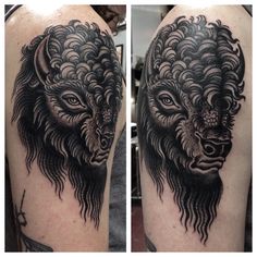 two pictures of the same tattoo, one with an animal's head on it