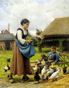 an image of a woman feeding chickens in front of a farm house with children on the grass