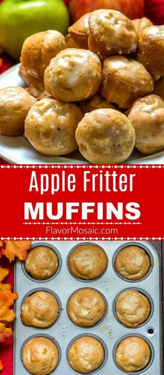 apple fritter muffins with apples in the background