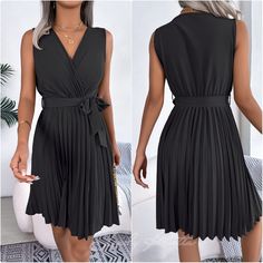 This Sleeveless Dress Offers A Sophisticated Surplice Design With A Flattering Tie Waist And Pleated Skirt. Ideal For Weddings, Brunches, Or A Night Out, It’s A Chic Addition To Any Wardrobe. Not Lined Material: 95% Polyester, 5% Elastane Ships Within 7 To 10 Days This Item Size Conversion Chart: Sizes Are In Letters. S - 2/4 M - 6 L - 8/10 Xl- 12 Shopping For: Fall Trendy Trending Athleisure Modest Party Attire Necklaces Tops Fedora Hat Winter Gypsy Fleece Spring Summer Formal Suede Streetwear Sleeveless Evening Dress With Tie Waist, Pleated Sleeveless Dress For Date Night, Elegant Black Mini Dress With Tie Waist, Chic Sleeveless Pleated Mini Dress, Solid Sleeveless Dresses With Tie Waist, Elegant Sleeveless Pleated Mini Dress, Black Pleated Sleeveless Dress For Party, Black V-neck Mini Dress With Tie Waist, Black Mini Dress With Tie Waist For Party