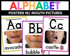 three posters with letters and pictures of children's mouths