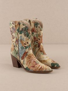 The Sorrel | PRE-ORDER | Vintage Floral Print Western Bootie Embroidered Beige Boots For Fall, Beige Embroidered Boots For Fall, Bohemian Boots With Floral Embroidery For Fall, Vintage Beige Boots For Fall, Western Boots With Floral Print For Fall, Vintage Multicolor Boots For Fall, Bohemian Fall Boots With Floral Embroidery, Bohemian Floral Embroidered Boots For Fall, Vintage Embroidered Boots For Fall