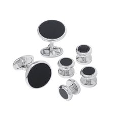 Gemstone Inlay Classic Round Sterling Silver Rim Cufflink and Tuxedo Stud Set with black onyx inlay I Jan Leslie Cufflinks and Accessories. Black Tie Tuxedo, Tuxedo Studs, Lacquered Wood, Wood Display, Black Tie Event, Stud Set, Silver Cufflinks, Travel Pouch, Display Boxes