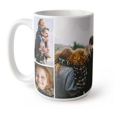 a coffee mug with four pictures of people and their children on it, in front of a white background