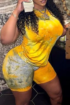 Olivia Mark - Womens Elegant Yellow Two-Piece Set with Casual Print Patchwork, O-Neck, and Short Sleeves Short Sleeve Suit, Yellow Two Piece, Backless Halter Top, Two Piece Short Set, Yellow Print, Neck Designs, Two Pieces, Short Sets