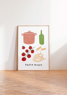 a poster with pasta, tomatoes and wine on the wall next to a wooden floor