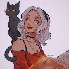 a drawing of a woman with a cat on her shoulder and a book in front of her