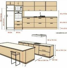 two drawings of kitchen furniture with measurements