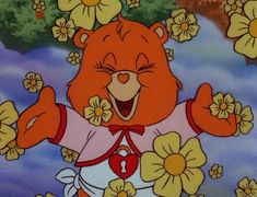 a cartoon bear with flowers on its head and hands in the air, surrounded by yellow daisies