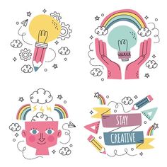 four hand drawn illustrations with the words stay creative and light bulb above them, on white background