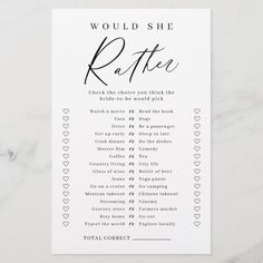 a white card with black writing that says would she rather be married?