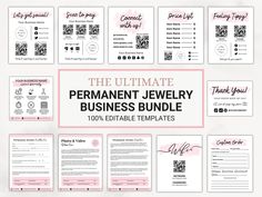 the ultimate permanent jewelry business bundle with pink and black ink on white paper, surrounded by other items