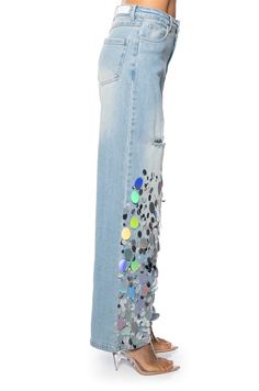 She’s the main character! The AKIRA Label A Girl Named Lucky Embellished Wide Leg Ripped Jeans are made from a stretchy cotton blend denim base fabrication and feature a high rise waist, a wide leg silhouette, working belt loops, a classic five-pocket design, and a front zipper button closure. Complete with distressed ripped accents, as well as iridescent, glimmering sequin embellishments and cascading curb chain link attachments on the lower portion of both legs. For a cohesive and fierce ensemble, consider styling with the rest of the coordinating fit, The AKIRA Label A Girl Named Lucky Embellished Halter Neck Denim Top and The AKIRA Label A Girl Named Lucky Embellished Button Down Denim Crop Top. - 98% Cotton 2% Spandex - Spot Clean Only - Stretchy - Imported (all measurements are appro Wide Leg Ripped Jeans, Work Belt, Denim Crop Top, Main Character, Curb Chain, Girl Names, Denim Top, Pocket Design, Ripped Jeans