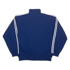 Item is in used condition. Item has a faint mark to the right sleeve. >Size: L >Armpit To Armpit: 26" >Armpit To Cuff: 22" >Collar To Hem: 29" Blue Streetwear Outerwear With Three Stripes, Blue Stripe Outerwear For Streetwear, Navy Athleisure Track Jacket For Streetwear, Blue Casual Windbreaker With Ribbed Cuffs, Casual Blue Windbreaker With Ribbed Cuffs, Casual Blue Track Jacket For Streetwear, Navy Vintage Windbreaker For Streetwear, Navy Cotton Track Jacket For Sports, Blue Track Jacket With Three Stripes Branding