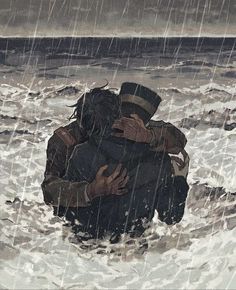 two people hugging each other in the water on a rainy day with dark clouds above them