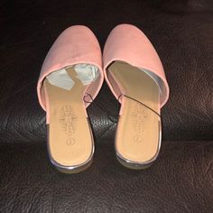 Pink Suede Slides, Silver Accent, Size 7, New With Tags Pink Flat Mules For Spring, Casual Pink Flat Mules, Pink Cushioned Slip-on Slides, Pink Slides With Buckle Closure, Pink Slip-on Slides With Rubber Sole, Pink Slip-on Mules With Removable Insole, Coral Shoes, Pink Non-slip Synthetic Slippers, Rose Gold Shoes