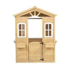 a wooden play house with doors and windows on the front, and side walls open