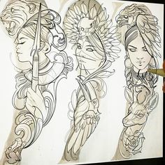 a drawing of three women with wings and roses on their arms, one holding a knife