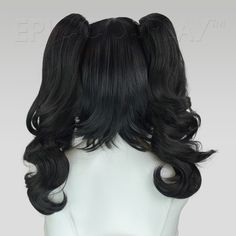 Rhea Black Pigtail Wig Set This Black pigtail wig set uses our 14" Chronos style as a base for two of our 20" clip-on ponytails to create a a fun and versatile pigtail style. The base wig is a short bob cut style that frames the face and can be worn independently, with only one clip, or with both clips. Each 20" ponytail comes with a large alligator claw clips at its base, making it easy to attach onto any portion of the base wig where there is wefting. Clip the ponytails of this Black pigtail w Wizard101 Aesthetic, Black Hair In Pigtails, Bubble Braid Pigtails Short Hair, Bubble Pigtails Short Hair, Black Pigtails, Muppet Characters, Bob Cut Styles, Pigtail Wig, Short Bob Cut