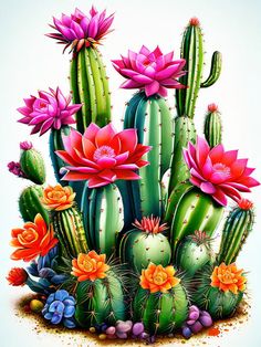 a painting of cactuses and flowers on a white background