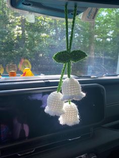 the car is decorated with white crocheted balls and green leaves hanging from it's dash board