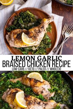 lemon garlic braised chicken recipe in a skillet with greens and lemon wedges