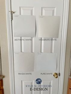 the front door is painted white and has four different labels on it to describe what type of paint you are using