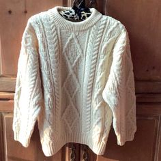 Authentic British Wool, New From Ireland. Size Small. Creamy Ivory. Classic Chunky Knit Cream Sweater, Classic Cream Chunky Knit Sweater, Classic White Chunky Knit Sweater, Cream Chunky Knit Classic Sweater, White Classic Chunky Knit Sweater, Irish Sweaters, Irish Wool Sweaters, Irish Fisherman, Irish Sweater