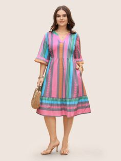 Notched Collar Geometric Striped Ruffle Sleeve Dress Multicolor V-neck Midi Dress With Ruffle Hem, Multicolor Ruffled Midi Dress, Casual Multicolor Tiered Dress With Ruffle Hem, Multicolor Short Sleeve Midi Dress With Ruffle Hem, Multicolor Midi Dress With Ruffle Hem And Short Sleeves, Multicolor Ruffled Knee-length Midi Dress, Chic Multicolor Tiered Midi Dress, Multicolor Midi Dress With Ruffle Hem For Vacation, Multicolor Dresses With Ruffle Hem For Day Out