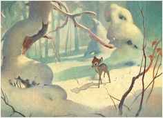 a painting of a fox and its cub in the snow, with trees around it