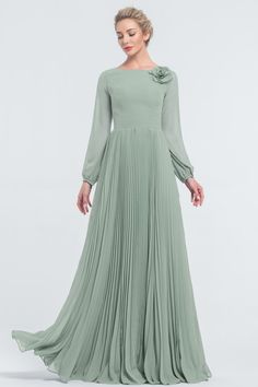 Modest LDS Eucalyptus Green Bridesmaid Dress Long Sleeves Modest Bridesmaid Dresses With Sleeves Long, Modest Christian Dresses, Formal Long Sleeve Chiffon Dress, Green Bridesmaid Dress Long, Long Green Bridesmaid Dresses, Dress Muslim Modern, Muslim Long Dress, Green Chiffon Dress, Green Evening Gowns