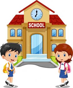 two kids standing in front of school building with clock on the wall and door open