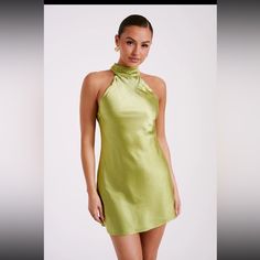 Brand New, Never Worn With Tags! Chic Green Mini Dress For Day Out, Trendy Green Halter Neck Dress, Trendy Green Mini Dress For Evening, Chic Satin Mini Dress For Day Out, Chic Olive Dress For Spring, Olive Dress For Date Night In Spring, Elegant Olive Dress For Spring, Casual Green Satin Dress, Chic Green Mini Dress For Night Out