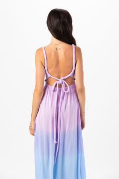 Introducing our enchanting Starlight Maxi Dress, featuring an open tie-back closure, designed to captivate attention and exude effortless charm. This stunning piece seamlessly blends elegance with a hint of allure, making it the perfect choice for any occasion. Details: 100% Rayon Hand wash cold & lay flat to dry Features: Unlined, Smocked scoop neck bodice, Thick rope straps with adjustable self tie feature, Open back detail, Ankle length maxi skirt, Dual side slits Strappy Back Maxi Dress With Back Opening For Spring, Spring Maxi Dress With Strappy Back Opening, Summer Brunch Maxi Dress With Lace-up Back, Bohemian Party Dress With Tie Straps, Brunch Style Sundress With Tie Back, Backless Tie Back Sundress For Brunch, Vacation Sundress With Lace-up Back, Strappy Back Tie Midi Dress, Backless Midi Dress With Lace-up Back For Brunch