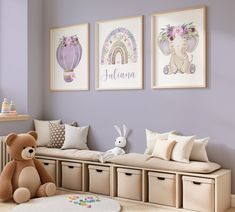 a child's room decorated in neutral colors with toys and artwork on the wall