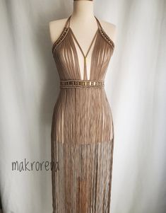 Macrame Dress Birthday Dress Shiny Material Party Dress | Etsy Fringed Dress, Safari Dress, 20s Fashion, Dress Birthday, Futuristic Fashion, Fringe Dress, Beige Dresses, Birthday Dress