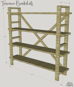 a wooden book shelf with shelves on each side and measurements for the bottom level,