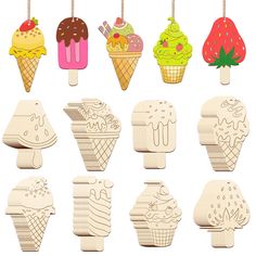 an assortment of ice creams hanging from strings