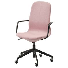 a pink office chair with black wheels and casteors