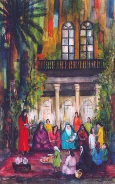 a painting of people sitting on the ground in front of a building