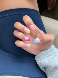 Multi Colored French Nails, French Tip Nails Short Different Colors, Multi Colored French Tips, Colorful French Tips Nails, Short Nail Colorful French Tip, Beach Vibe Nails French Tip, Multi Colored Nails French Tip, Preppy Nail Inspo French Tip, Rainbow French Tip Nails Short