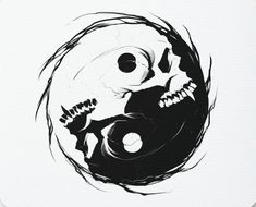 a black and white drawing of two skulls in a yin - yang style design on a white background