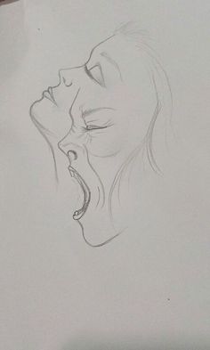 a pencil drawing of a woman's face with her mouth open and tongue out