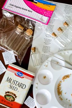 the contents of a mustard seed recipe laid out on top of a table