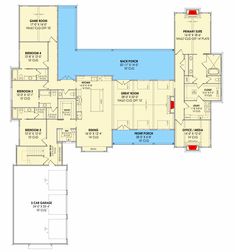 the first floor plan for a home with an indoor swimming pool and two separate garages