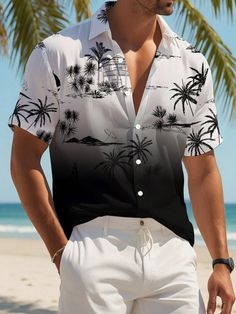 Men's Summer Palm Tree Printed Short Sleeve Casual Loose Shirt For Vacation Multicolor Boho  Short Sleeve Fabric Tropical,Plants,All Over Print Shirt Slight Stretch Summer Men Clothing, size features are:Bust: ,Length: ,Sleeve Length: Relaxed Fit T-shirt With Palm Tree Print, Tropical Relaxed Fit T-shirt With Palm Tree Print, Casual Palm Tree Print Relaxed Fit T-shirt, Relaxed Fit Cotton T-shirt With Palm Tree Print, All Over Print Shirt, Loose Shirt, Drop Shoulder Tee, Dark Jeans