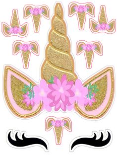 a pink and gold unicorn horn with flowers on it's face, surrounded by other stickers