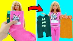 a barbie doll holding up a pink sock with a white cat on it and an orange flower